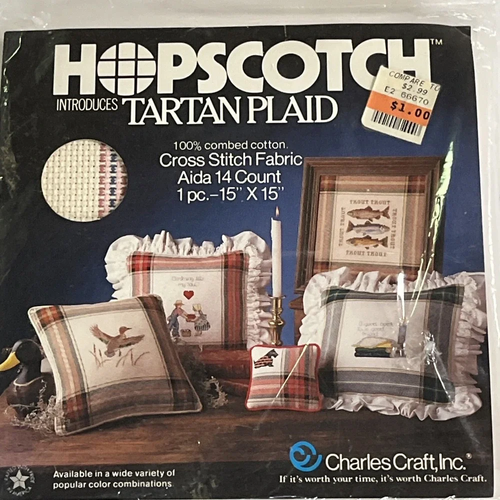 Cross Stitch Charles Craft Hopscotch Tartan Plaid 2pc Lot Fabric Aida 14ct 15x15